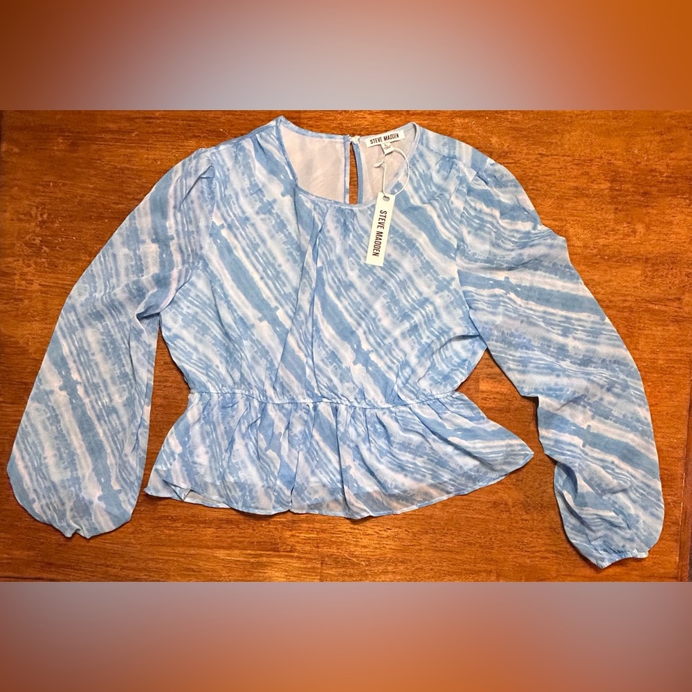 Steve Madden Light Blue and White Peplum Blouse